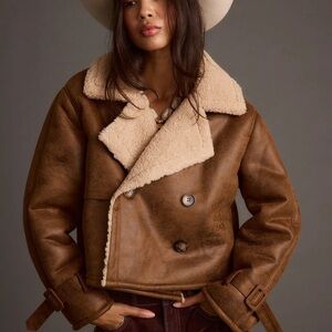 12th Tribe Brown Shearling-Trim Double-Breasted Jacket